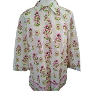Mary Marshmallow Top Size M Button 3/4 Sleeve Pink Floral Pockets Cotton